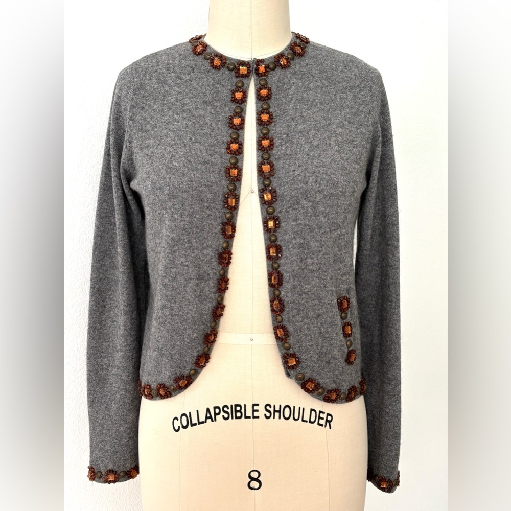 Anthropologie - One Girl Who… Embellished Cardigan NWT Gray Cotton Cashmere M